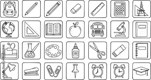 Black and White Line Art Icons of School Supplies and Education Objects
