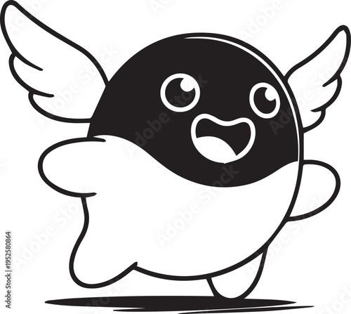 Cute Black and White Cartoon Character with Wings Vector Illustration for Kids Content, Gaming, and Fun Marketing Designs