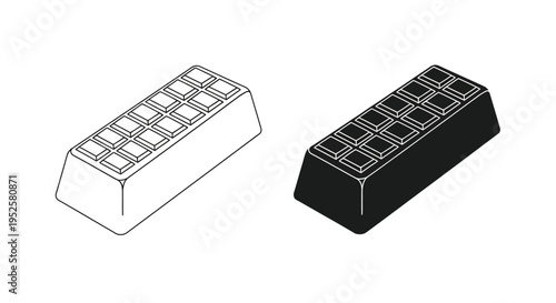 A simple black and white illustration depicts two rectangular chocolate bars one outlined and one solid high quality professional detailed modern