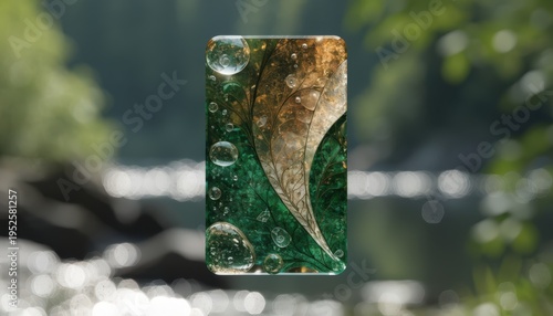 Ecofriendly credit card in earth tones centered in frame leafinspired design crisp and clear while the surroundings remain softly blurred.