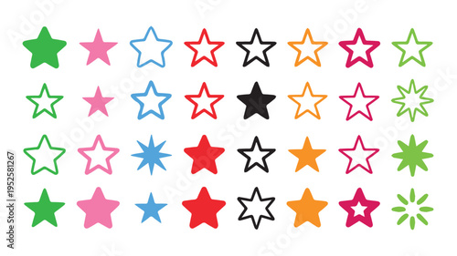 Collection of diverse star icons in various colors and styles