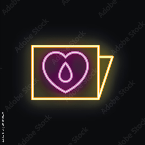 Neon blood donation icon representing support and awareness for blood donors with a heart and a drop inside a speech bubble