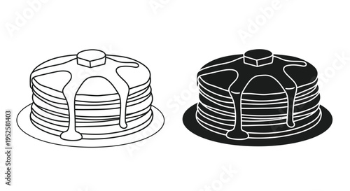 A simple black and white illustration depicts two stacks of pancakes drizzled with syrup on plates high quality professional