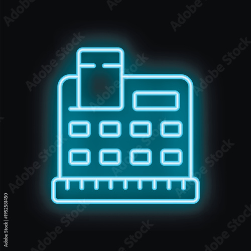 Glowing blue neon cash register showing credit card being inserted, symbolizing modern payment methods