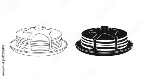 A minimalist illustration depicts two stacks of pancakes each drizzled with syrup presented in contrasting tones high quality professional