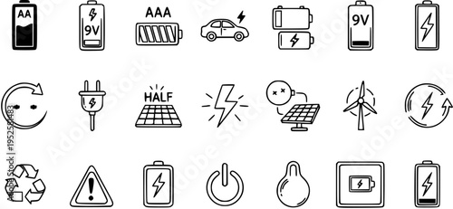 Black and White Line Art Icons of Energy and Battery Symbols, Solar Panel, Car, Wind Turbine