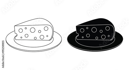 A graphic depiction showcases two slices of swiss cheese each resting on a circular plate in contrasting styles