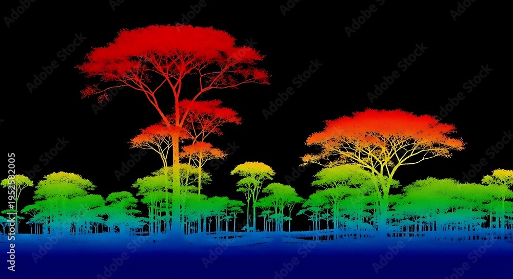 Fototapeta premium Vibrant Rainbow-Colored Forest Canopy at Dusk A Stunning Spectacle of Nature's Palette