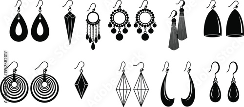 Earrings set with fashion jewelry, drop earrings, tassel, hoop, and geometric shapes, black silhouette vector icons for beauty and accessories design.
