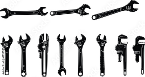 Set of professional hand tools featuring adjustable wrenches and pipe spanners in black and white silhouette icons on white background.