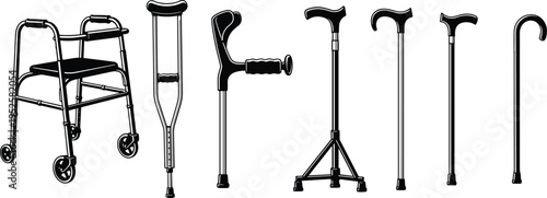 Walking aids set with walker, crutches, tripod cane, and walking sticks, medical mobility equipment vector icons for injury recovery and elderly.