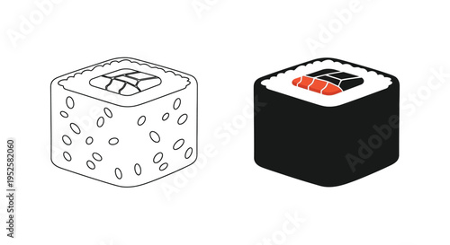 A minimalist depiction showcases two sushi rolls one outlined in black and white the other solid black with red detail