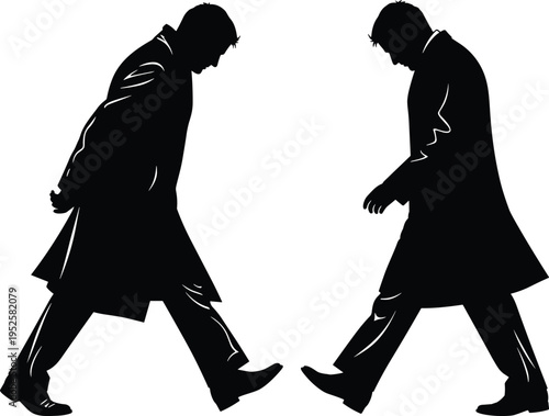 Silhouette of a mysterious man in a trench coat walking and looking down representing concepts of detective work, mystery, sadness. (20 words)