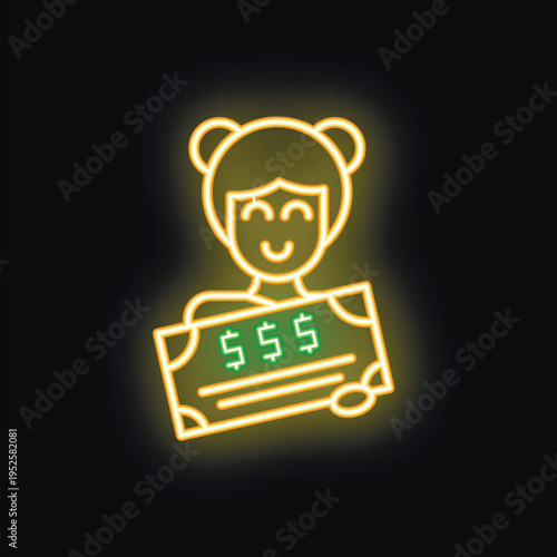 Smiling woman holding neon sign cash money payment wealthy rich finance currency dollar bill success investment earning profit
