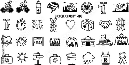 Hand-drawn Outline Icons Set for Bicycle Charity Ride Event, featuring Cyclists, Sports Gear, Awards, and Event Elements in Black and White Line Art Style