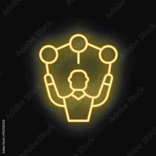 Neon icon of a businessman juggling tasks, symbolizing multitasking and efficiency