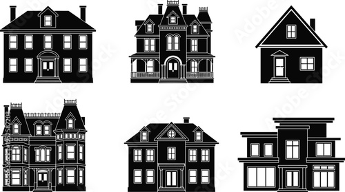Set of black house silhouettes including modern and classic architectural building icons for real estate property development and residential construction design