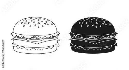 A black and white illustration depicts two stacked hamburgers one light and one dark showcasing a classic fast food item