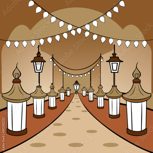 A serene and peaceful pathway lined with lanterns and string lights in a warm and inviting outdoor setting