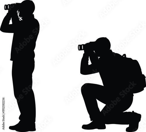 Black silhouette of two men using binoculars to look into distance while standing and kneeling during a travel exploration adventure