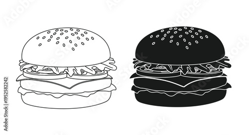 A minimalist black and white illustration depicts two cheeseburgers one light and one dark side by side high quality professional detailed