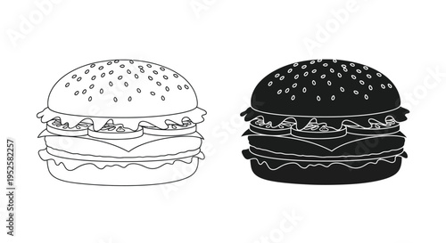 A simple black and white illustration depicts two stylized cheeseburgers side by side one light and one dark high quality professional