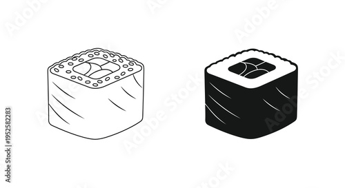 A simple black and white illustration depicts two pieces of sushi showcasing different stylistic approaches to the design high quality professional