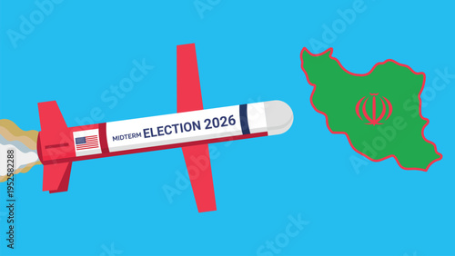 US Midterm Election 2026 Missile Toward Iran Vector Illustration. Midterm elections against the backdrop of the war in Iran. Suitable for news, editorial, and infographic use.