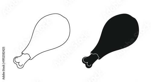 A simple black and white illustration depicts two chicken drumsticks one outlined and one solid high quality professional detailed modern elegant