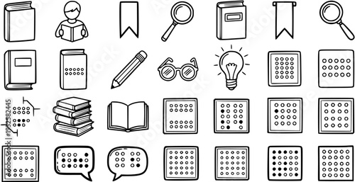 Hand-drawn Black  White Line Art Icons for Education, Reading, and Accessibility featuring Books, Braille, and Learning Symbols