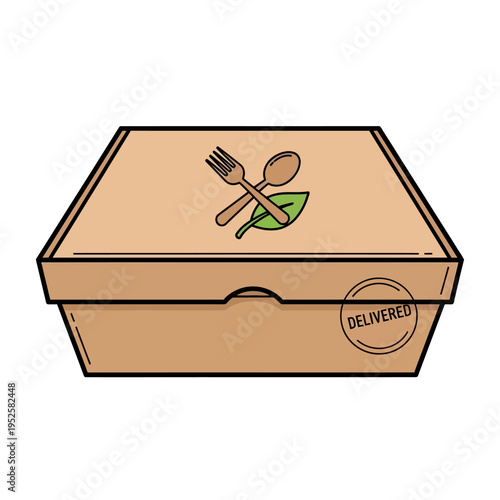 Eco-friendly food delivery box with fork, spoon, and leaf icon