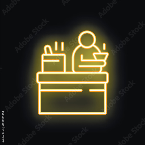 Yellow neon sign of a bartender preparing a cocktail using a shaker and a jigger behind a bar counter