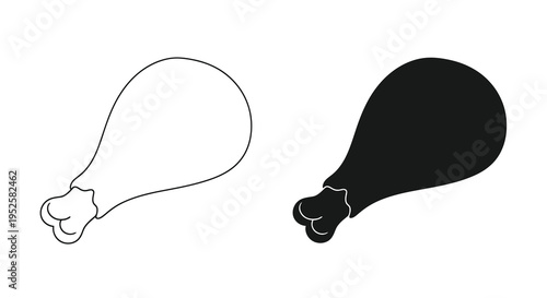 A simple black and white illustration depicts a chicken leg in two contrasting forms outline and solid high quality professional detailed