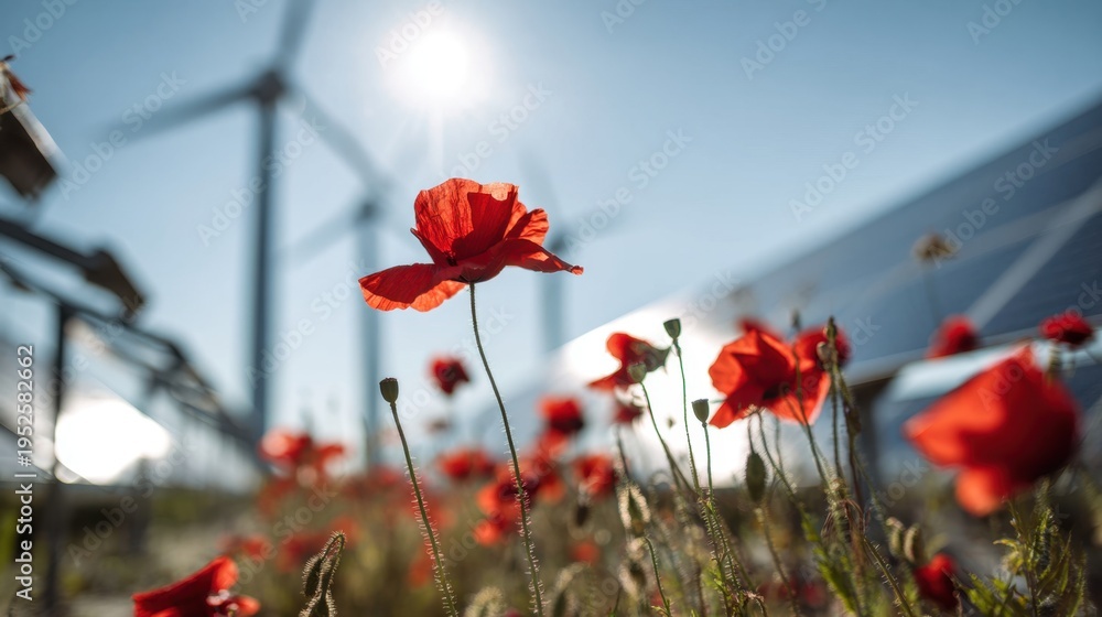 Obraz premium Red poppy flowers in a field with wind turbines and solar panels for green energy