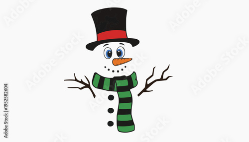 Cartoon snowman illustration with top hat carrot nose scarf and cheerful winter holiday style