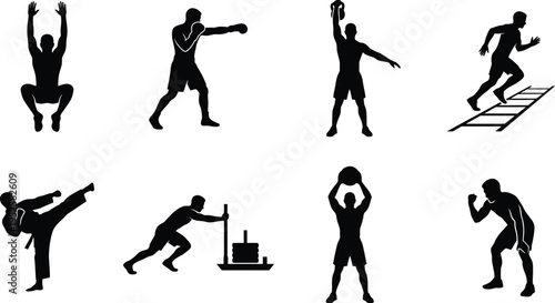 Set of high-quality silhouettes depicting diverse athletic training exercises, including boxing, weightlifting, martial arts, sprinting, and functional fitness for sports and gym branding.