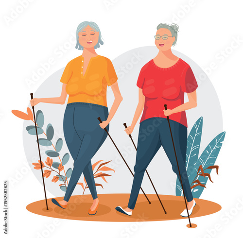 Two elderly women practicing Nordic walking outdoors. Flat style vector illustration