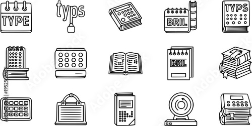 Braille and Assistive Technology Line Art Icons for Visually Impaired Education. Outline Symbols of Braille Devices, Books, and Accessibility Tools.