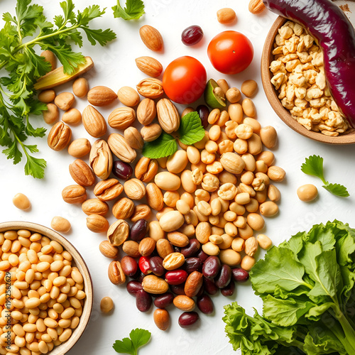 Portfolio Diet, balanced lowering cholesterol vegan food, including nuts, vegetable protein, plant sterols, viscous fiber, beans, legumes, fresh vegetables and fruits on white background copy space