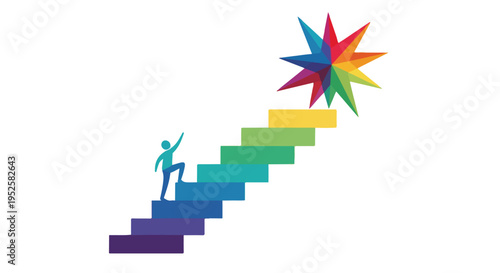 A stylized person ascends a rainbow-colored staircase towards a vibrant, multi-pointed star, symbolizing progress and aspiration.