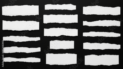 Set of torn paper edges, ragged borders on black background, grunge texture, graphic elements vector illustration