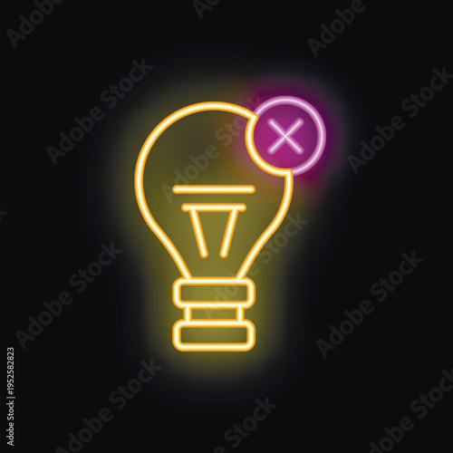 Neon light bulb with a cross sign, symbolizing a lack of ideas