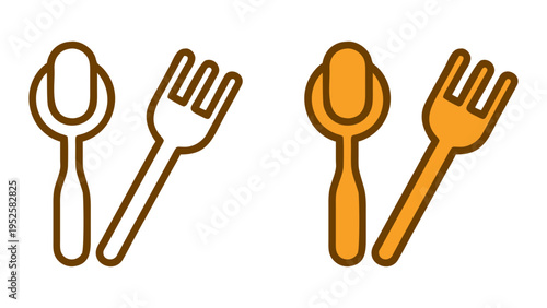 Elegant Cutlery Duo: A simple yet elegant illustration showcases two pairs of utensils: a spoon and fork. One pair in outlines and the other is colored, offering a versatile design for culinary.
