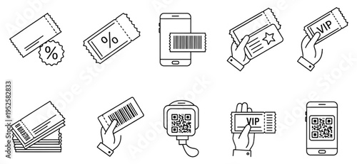 simple ticket entry pass icon line set. voucher access for cinema, concert, sport, flight, transport, vip qr code reservation signs vector outline illustration