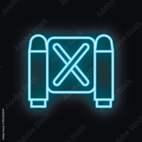 Blue neon sign illustrating a closed border crossing with a barrier and two checkpoints, symbolizing restricted access