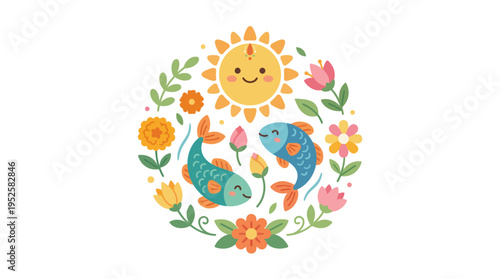 Cute kawaii style illustration with smiling sun, fish, and colorful flowers.