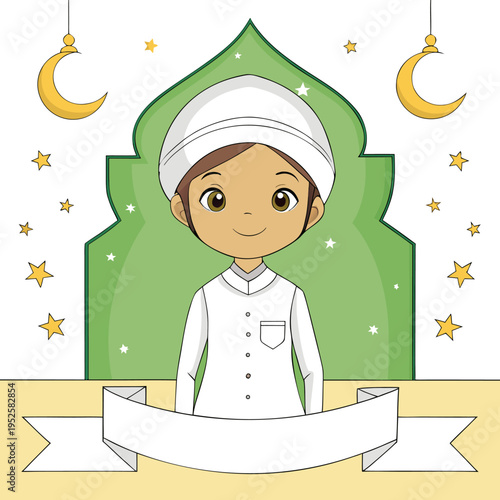 A cartoon boy wearing a white turban and robe standing in front of a green archway with crescent moons and stars