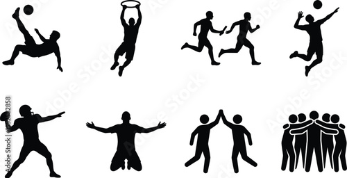 Set of sports silhouettes featuring soccer, basketball, relay race, volleyball, and football athletes with team celebration, victory poses, and unity icons for commercial design.