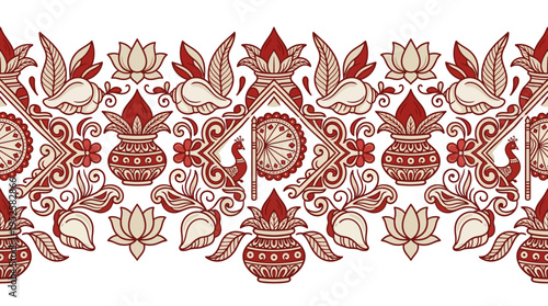Traditional Indian wedding border pattern with kalash, lotus, and peacock ornaments.