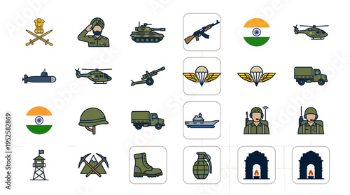 Indian military and army icon set with soldier, tank, aircraft, and national flag symbols.